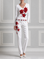 White Red Rose Print V Neck Top & Straight Pants Set