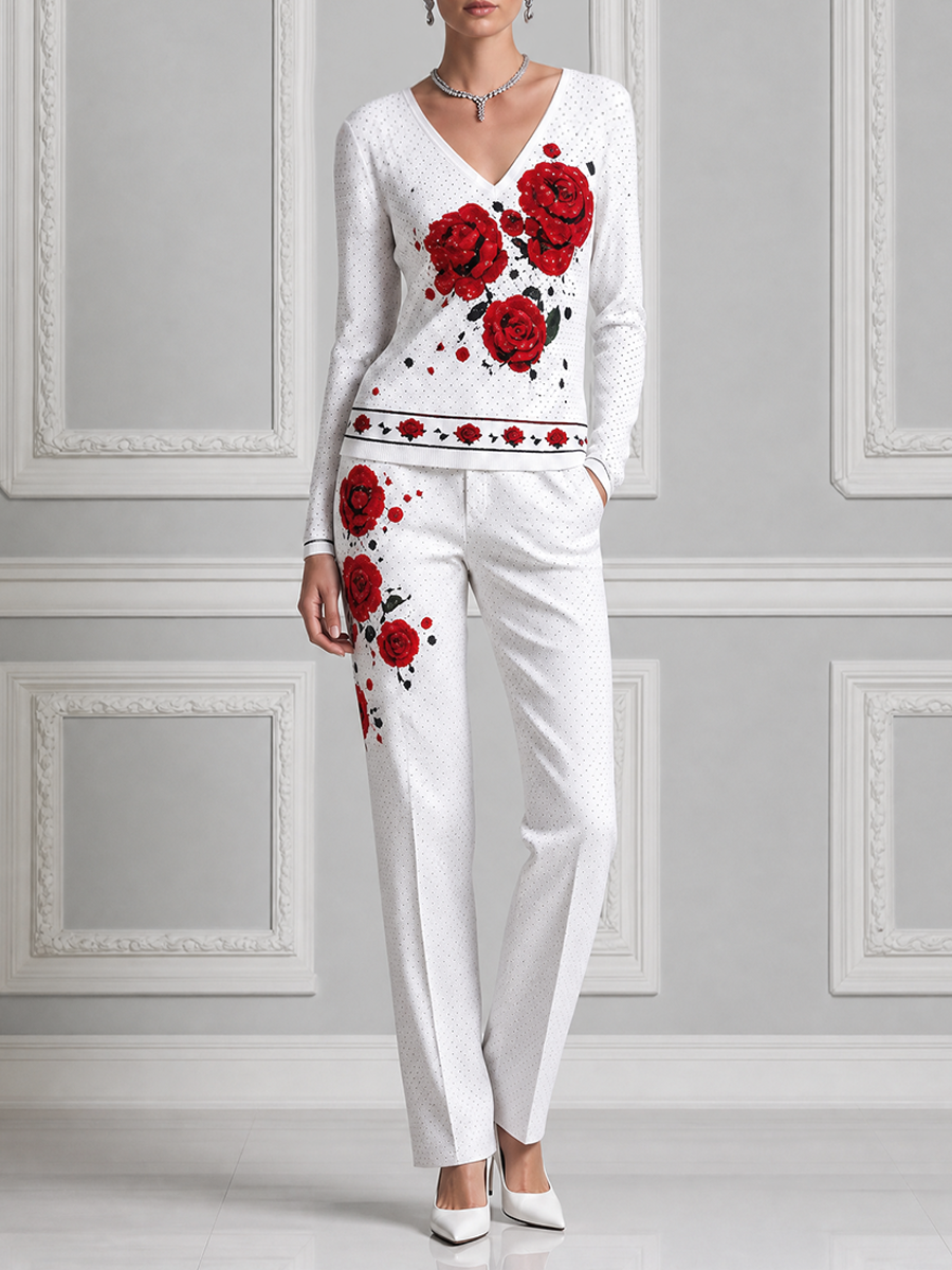 White Red Rose Print V Neck Top & Straight Pants Set