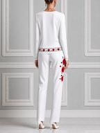 White Red Rose Print V Neck Top & Straight Pants Set