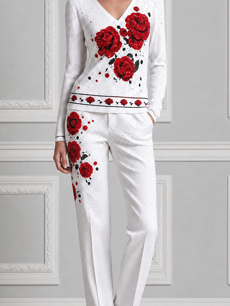 White Red Rose Print V Neck Top & Straight Pants Set