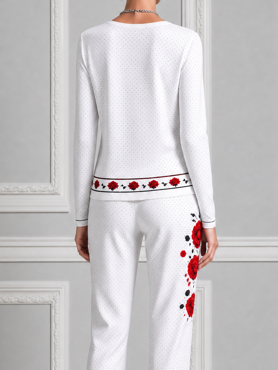 White Red Rose Print V Neck Top & Straight Pants Set