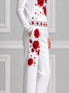 White Red Rose Print V Neck Top & Straight Pants Set