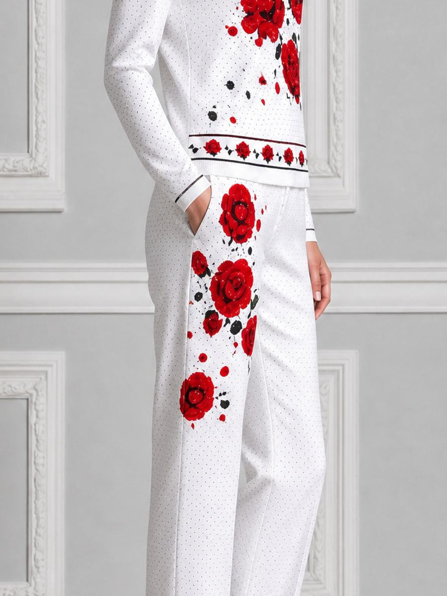 White Red Rose Print V Neck Top & Straight Pants Set
