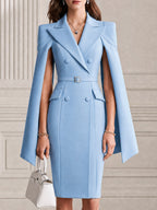 Elegant Cape-Sleeve Double-Breasted Belted Waist Blazer Dress