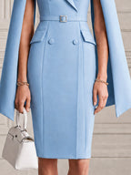 Elegant Cape-Sleeve Double-Breasted Belted Waist Blazer Dress