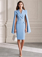 Elegant Cape-Sleeve Double-Breasted Belted Waist Blazer Dress