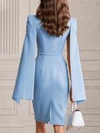 Elegant Cape-Sleeve Double-Breasted Belted Waist Blazer Dress