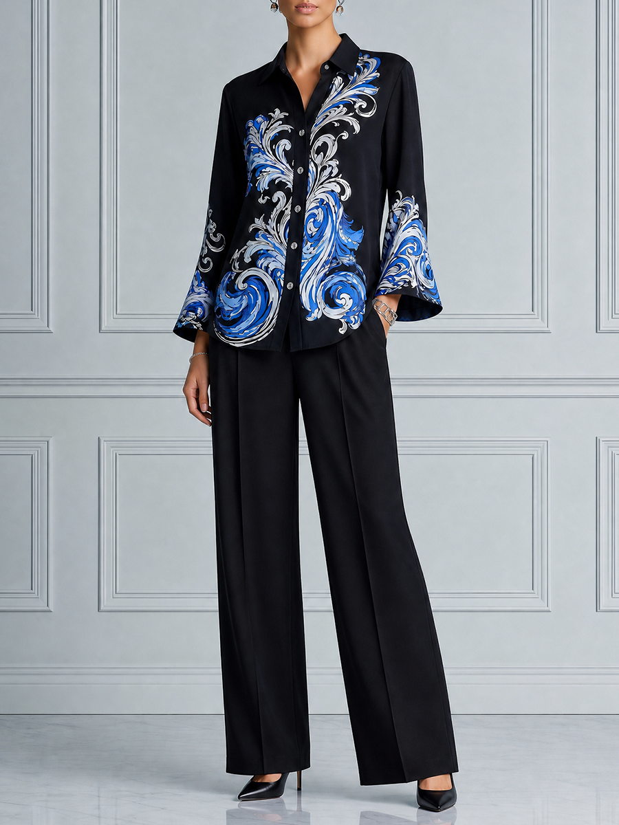 Black Blue Baroque Print Shirt & Wide Leg Pants Set