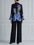 Black Blue Baroque Print Shirt & Wide Leg Pants Set