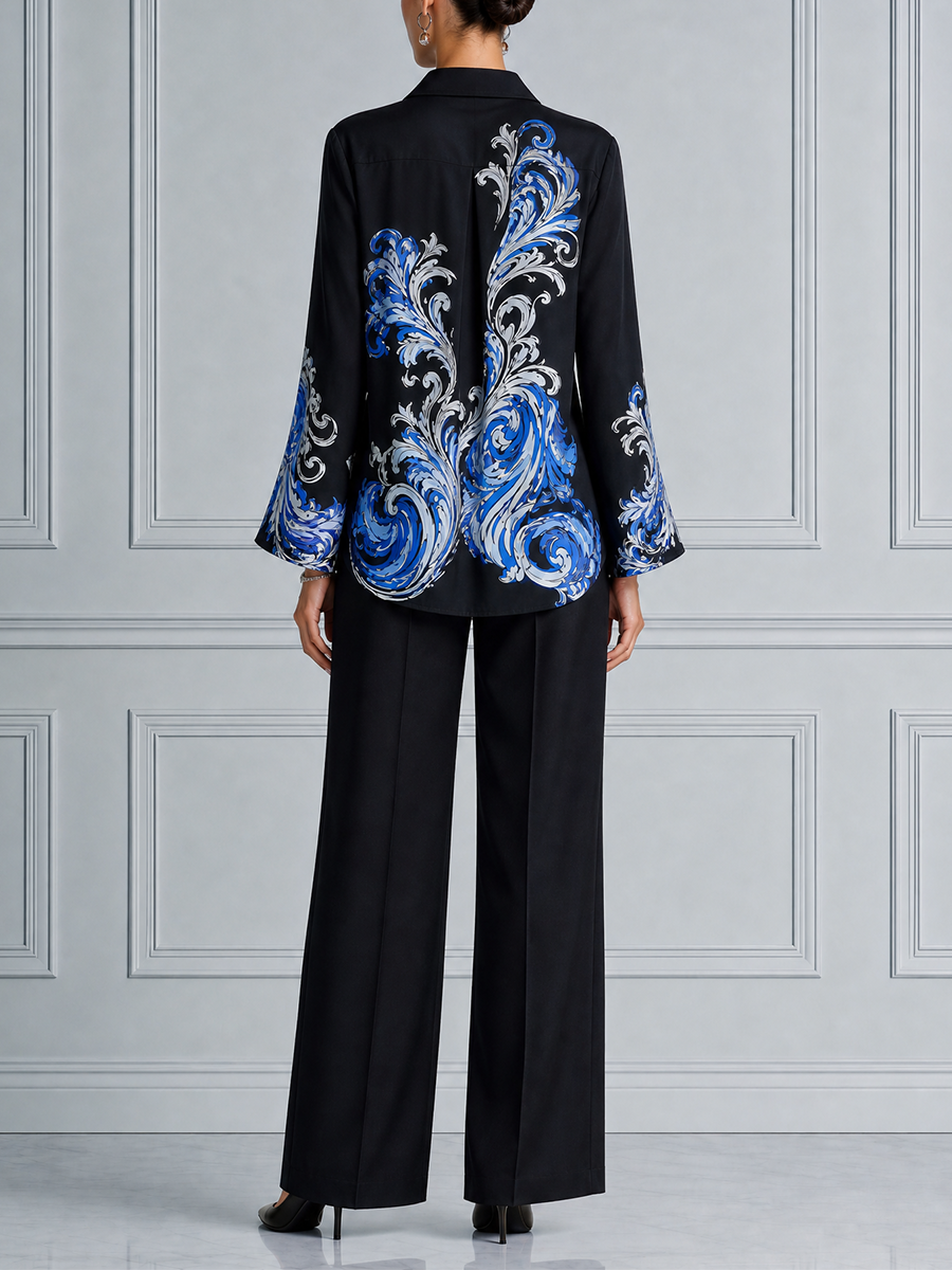 Black Blue Baroque Print Shirt & Wide Leg Pants Set