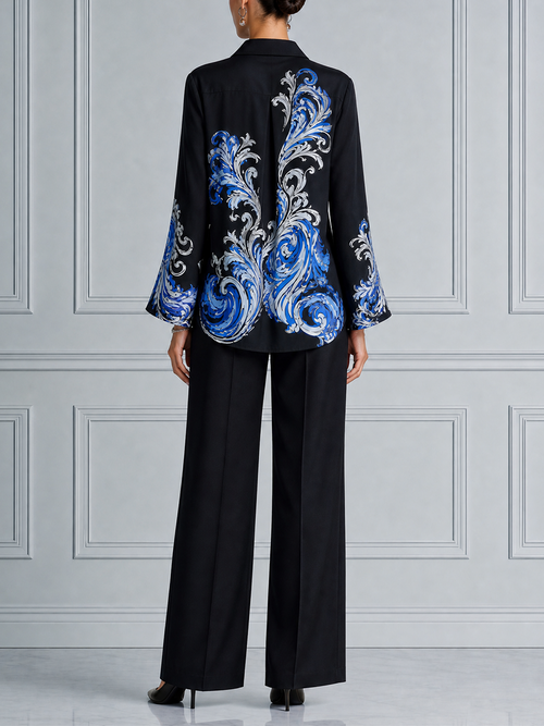 Black Blue Baroque Print Shirt & Wide Leg Pants Set