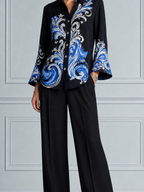 Black Blue Baroque Print Shirt & Wide Leg Pants Set
