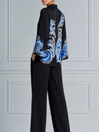 Black Blue Baroque Print Shirt & Wide Leg Pants Set