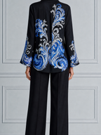 Black Blue Baroque Print Shirt & Wide Leg Pants Set