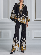 Black Floral Fall Fashion Top & Wide Leg Pants Set