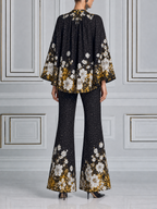 Black Floral Fall Fashion Top & Wide Leg Pants Set