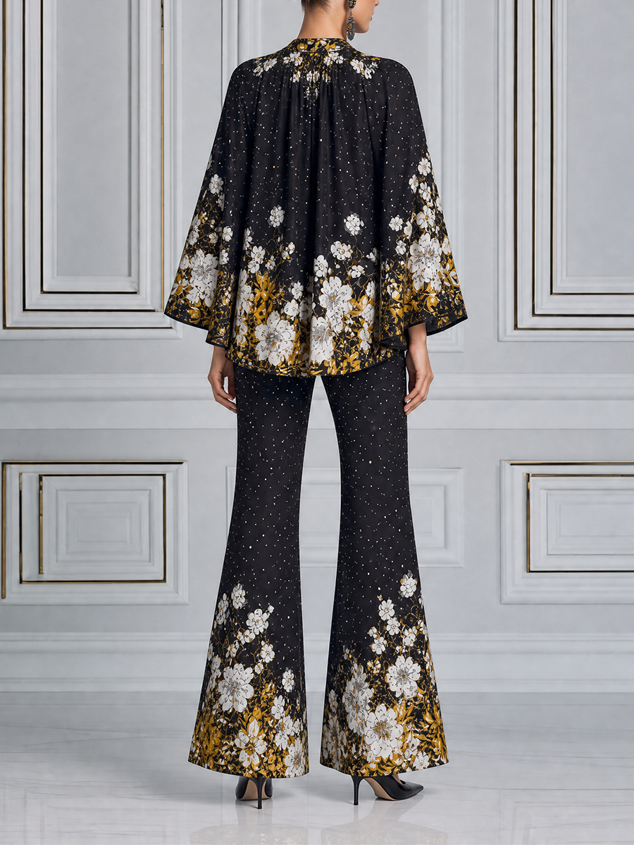 Black Floral Fall Fashion Top & Wide Leg Pants Set