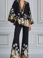 Black Floral Fall Fashion Top & Wide Leg Pants Set