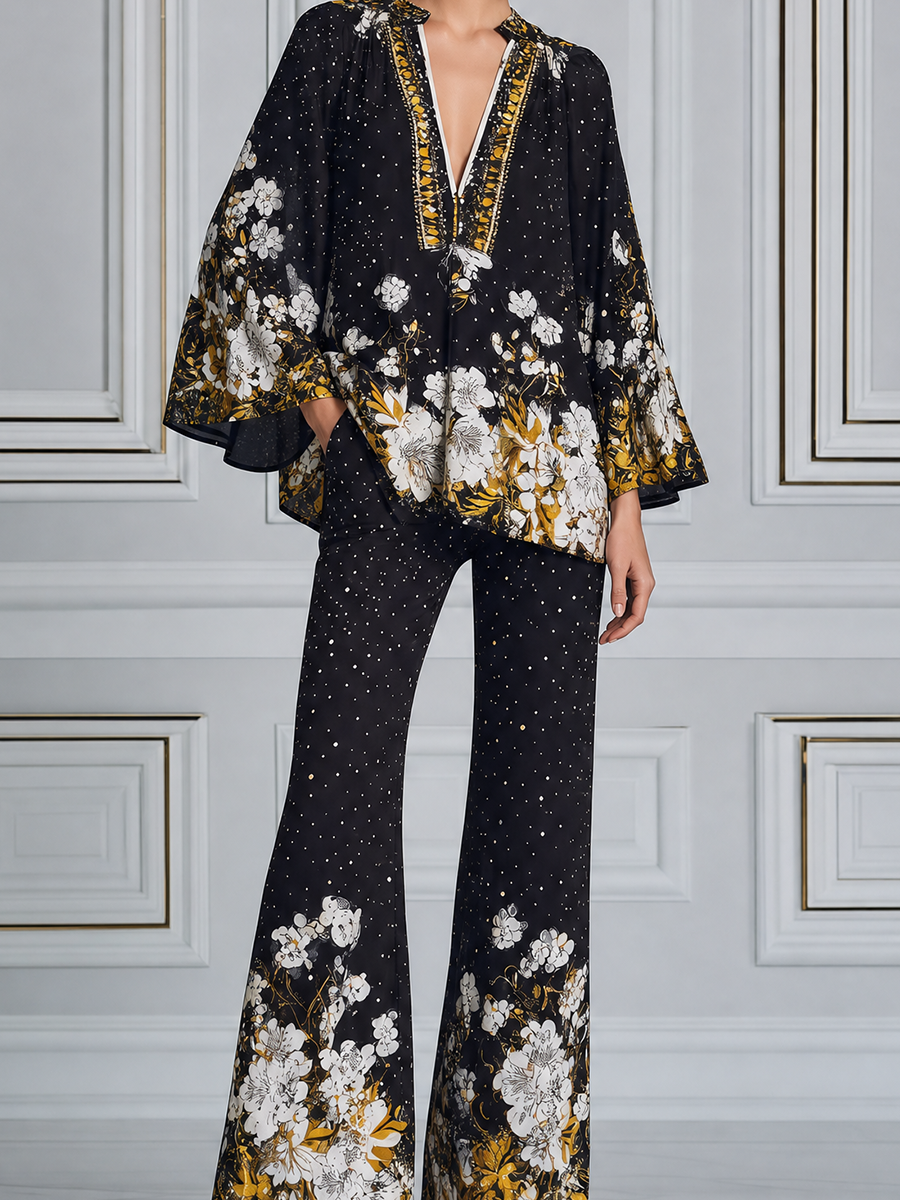 Black Floral Fall Fashion Top & Wide Leg Pants Set