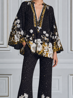 Black Floral Fall Fashion Top & Wide Leg Pants Set