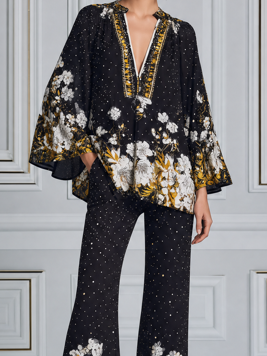 Black Floral Fall Fashion Top & Wide Leg Pants Set