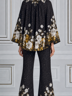 Black Floral Fall Fashion Top & Wide Leg Pants Set