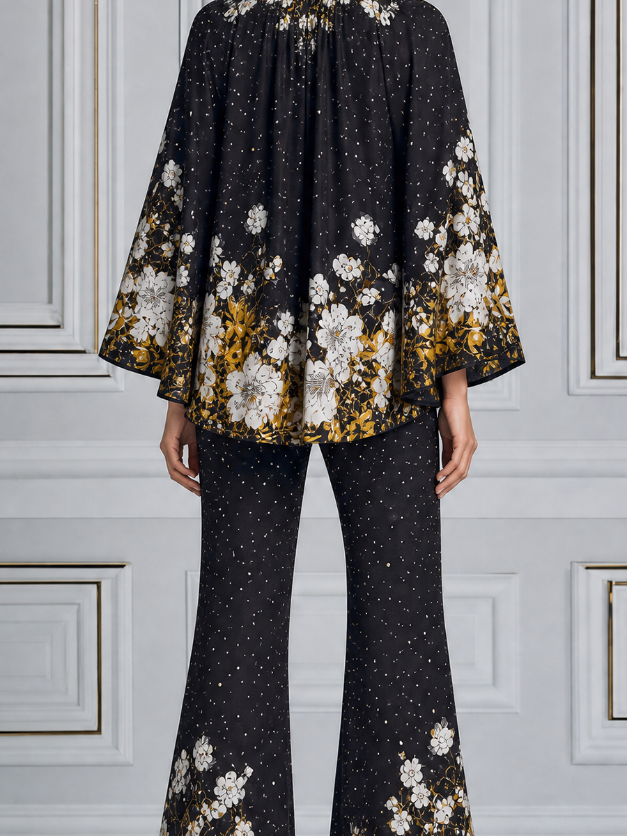 Black Floral Fall Fashion Top & Wide Leg Pants Set