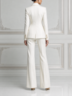 White Floral Embroidered Blazer & Flare Pants Set