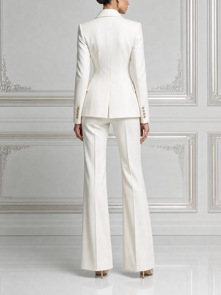 White Floral Embroidered Blazer & Flare Pants Set