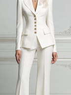 White Floral Embroidered Blazer & Flare Pants Set