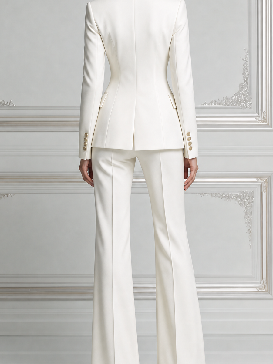 White Floral Embroidered Blazer & Flare Pants Set