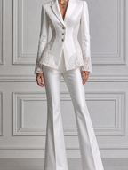 White Lace Panel Tailored Blazer & Flare Pants Set