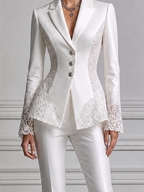 White Lace Panel Tailored Blazer & Flare Pants Set