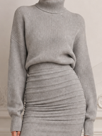 Gray Stockholm Style Mini Skirt Outfit Ribbed Knit Sweater Set
