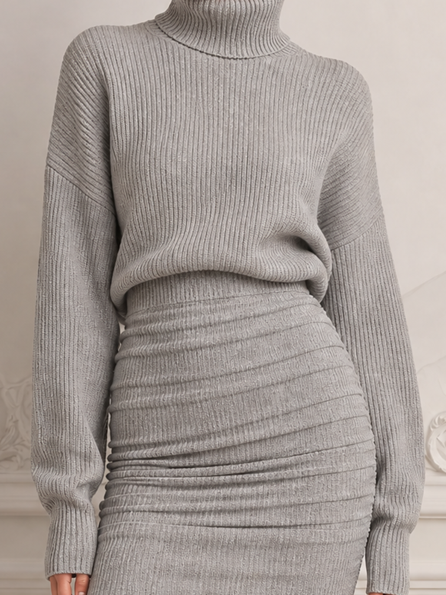 Gray Stockholm Style Mini Skirt Outfit Ribbed Knit Sweater Set