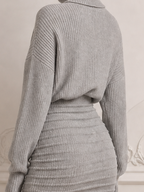 Gray Stockholm Style Mini Skirt Outfit Ribbed Knit Sweater Set