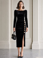 Velvet Ruched Boat Neck Gold Button Detail Midi Dress