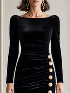 Velvet Ruched Boat Neck Gold Button Detail Midi Dress
