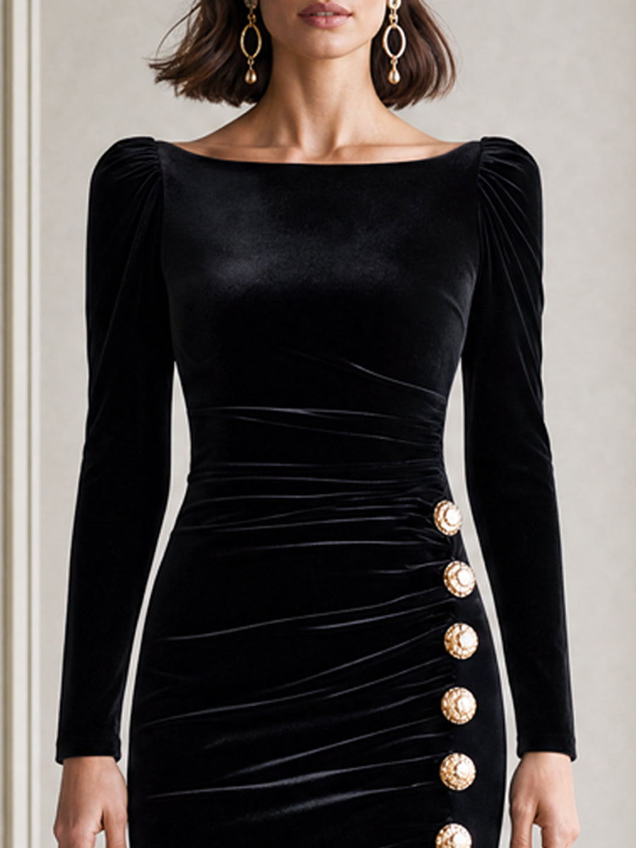 Velvet Ruched Boat Neck Gold Button Detail Midi Dress