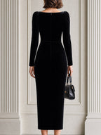 Velvet Ruched Boat Neck Gold Button Detail Midi Dress