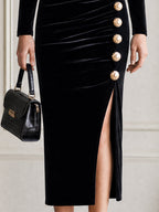 Velvet Ruched Boat Neck Gold Button Detail Midi Dress