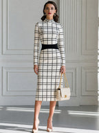 Grid Print Mock Neck Sheath Midi Dress