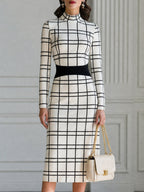 Grid Print Mock Neck Sheath Midi Dress
