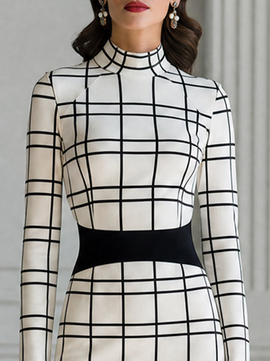 Grid Print Mock Neck Sheath Midi Dress
