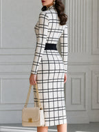 Grid Print Mock Neck Sheath Midi Dress