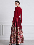Burgundy Ribbed Knit V-Neck Sweater & Floral Satin Maxi Skirt Set