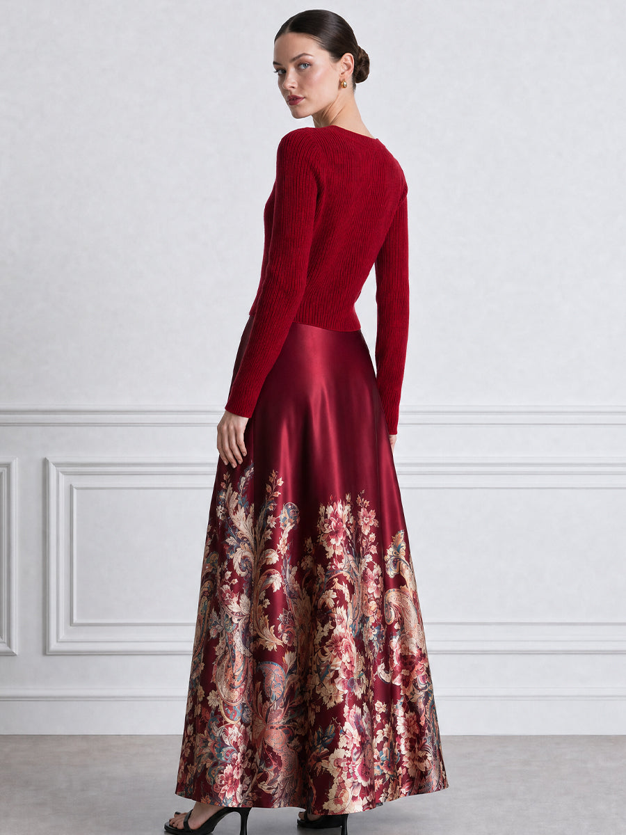 Burgundy Ribbed Knit V-Neck Sweater & Floral Satin Maxi Skirt Set