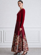 Burgundy Ribbed Knit V-Neck Sweater & Floral Satin Maxi Skirt Set