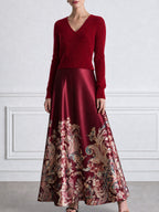 Burgundy Ribbed Knit V-Neck Sweater & Floral Satin Maxi Skirt Set