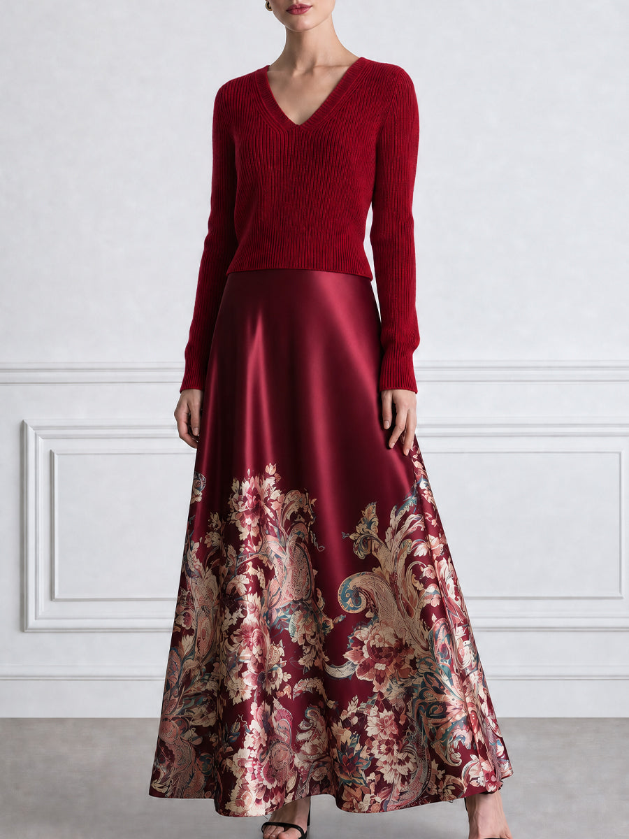 Burgundy Ribbed Knit V-Neck Sweater & Floral Satin Maxi Skirt Set